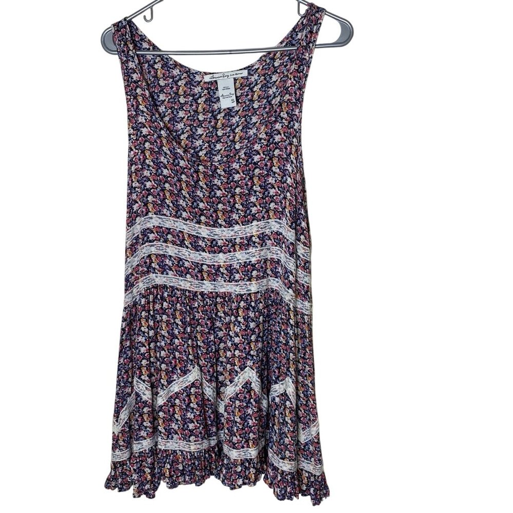 American Rag Floral Boho Mini Dress S Sleeveless Lace Trim